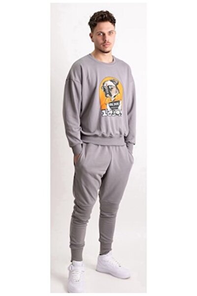 OEM Men Grey Cotton Tracksuit Set – Printed Sweatshirt & Jogger Pants