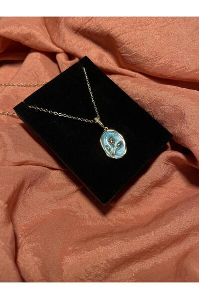 joyster Gold Baby Blue Enamel Oval Plate Necklace with Tulip Figure