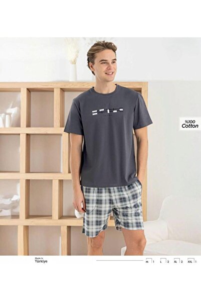 İpek Men's Short Sleeve Crew Neck Shorts Plaid Pattern 100% Cotton Pajama Set