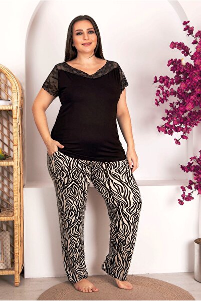 by İGP Black Zebra Lace Short Sleeve Plus Size Women's Pajamas Set