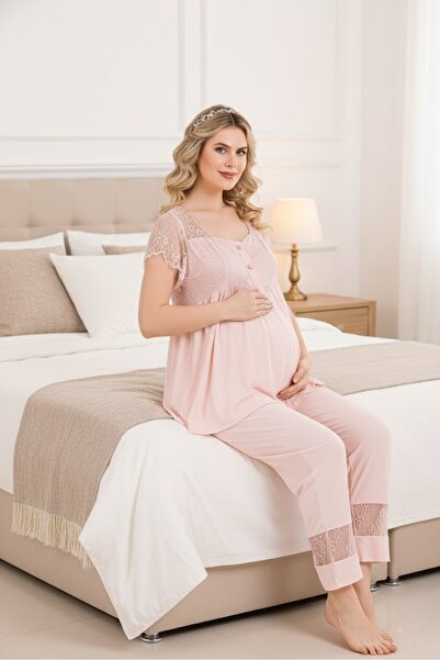 PREGNANT WORLD New Season Powder Elegant Lace Detailed Short Sleeve Design Bu...