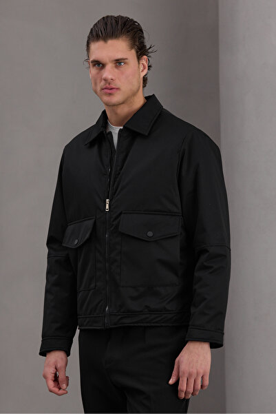 Bossago Men's Black Jacket with Flap Pockets - Utility Style Seasonal Coat