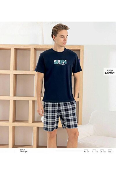 İpek Men's Short Sleeve Crew Neck Shorts Plaid Pattern 100% Cotton Pajama Set