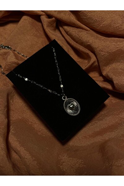 joyster Silver Sunlight Patterned Heart Figured Oval Locket Necklace