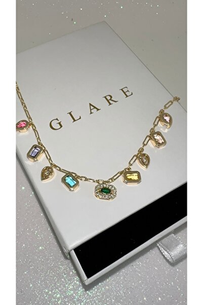 GLARE JEWELRY CO Renkli Taşlı İnce Zincir 14k Altın Renginde Zirkon Taşlı Pas...