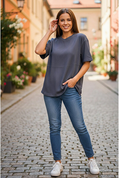 YusGos Μπλουζάκι με λαιμόκοψη ποδηλάτου από ύφασμα βάφλας σε μεγάλο μέγεθος