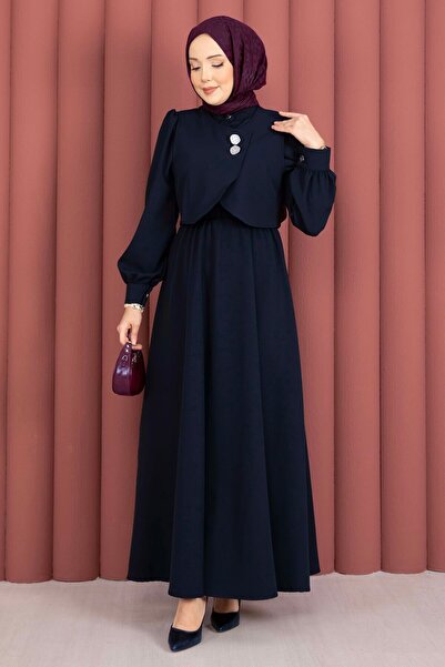 EBRUTESETTÜR Bolerolu Gold Buttoned Dress Set Navy Blue