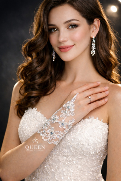 QUEEN AKSESUAR Бродерирана с кристали сватбена гривна в стил Шахмеран, дантел...