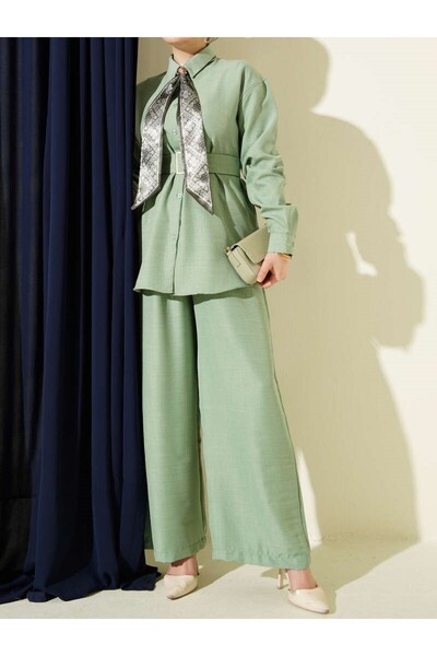 Burcia Collared Scarf and Belted Loose Double Set