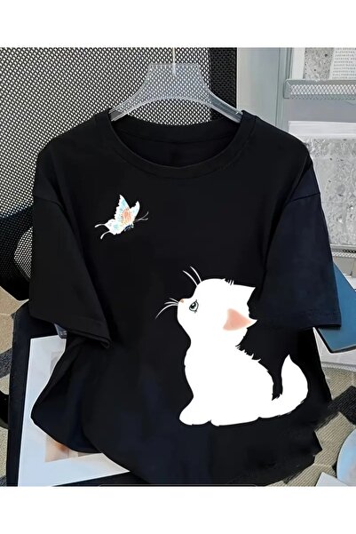 ORVIO Group Cute Cat Printed Casual Daily Design Butterfly Watching T-Shirt S...