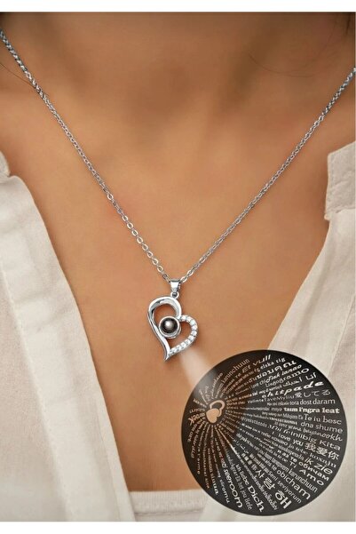 CASELN 100 Dilde Seni Seviyorum Gümüş Kaplama Çelik Aşk kolye Sevgililer Günü...