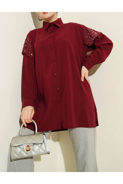 Burcia قميص تينسل مرصع بالأحجار مع كتف مزين بالكيب