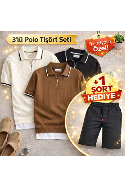 oneoff 3-Piece Men's Polo Collar Knitwear T-Shirt Set + 1 Shorts Gift – Regul...