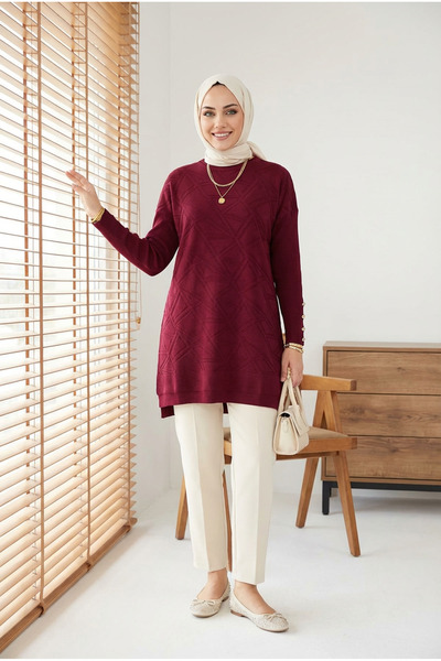 Kirazca Butik Women's Mercerized Geometric Patterned Cuff Button Tunic