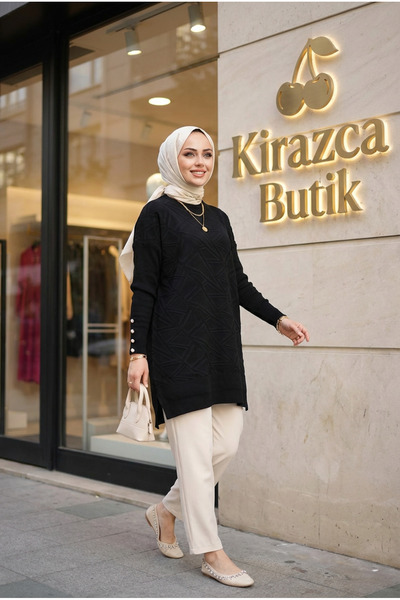 Kirazca Butik Women's Mercerized Geometric Patterned Cuff Button Tunic