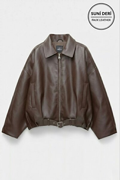 MEECY Women's Brown Oversize Faux Leather Bomber Jacket with Belt Buckle Pilo...