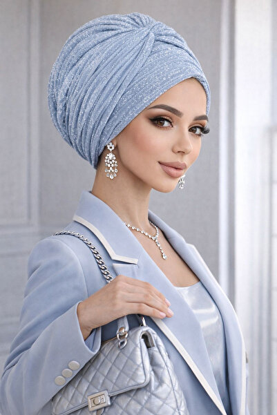 Aişe tesettür Baby Blue Sparkling Twisted Detailed Evening Dress Bonnet