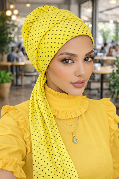 Aişe tesettür Yellow Polka Dot Patterned Scarf Bonnet