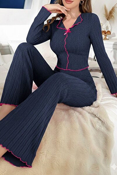 BELLA NOTTE Navy Blue Soft Cotton Bow Detailed Long Pajama Set