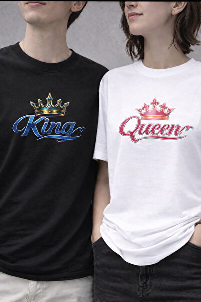 trivexa King Queen Printed Premium 100% Cotton T-Shirt - Black/White Unisex T...