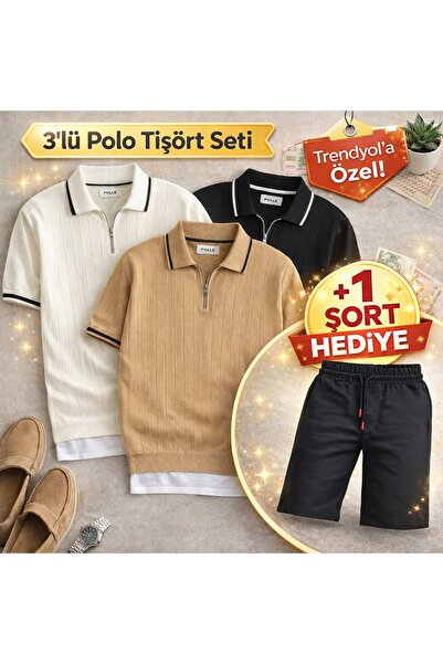 oneoff 3-Piece Men's Polo Collar Knitwear T-Shirt Set + 1 Shorts Gift – Regul...