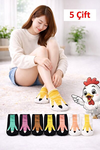 çorapmanya 5 Çift Çok Renkli Kadın Tavuk Bacaklı Baskılı patik Çorap