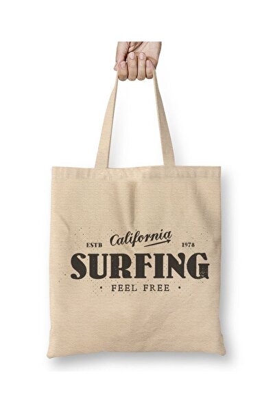 Toyaso California Surfing Feel Free White Tote Bag Long Handle Shopping Bag B...
