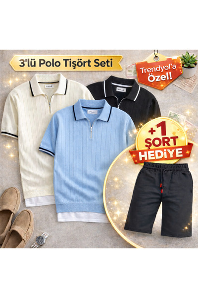 oneoff 3-Piece Men's Polo Collar Knitwear T-Shirt Set + 1 Shorts Gift – Regul...