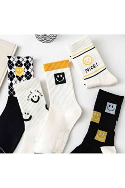 çorapmanya 5 Çift Gülümseyen Desenli Kadın Çok Renkli Kolej / Tenis Çorap