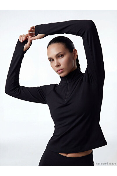 LC Waikiki Black Mock Neck Finger Interlocking Women's Sports Bodysuit