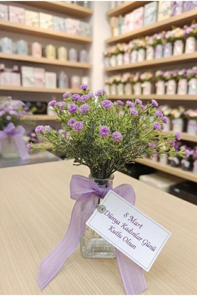 Butik Center 8 Mart Dünya Kadınlar Günü Hediyesi Mini Cam Vazoda Mor Yapay Çi...