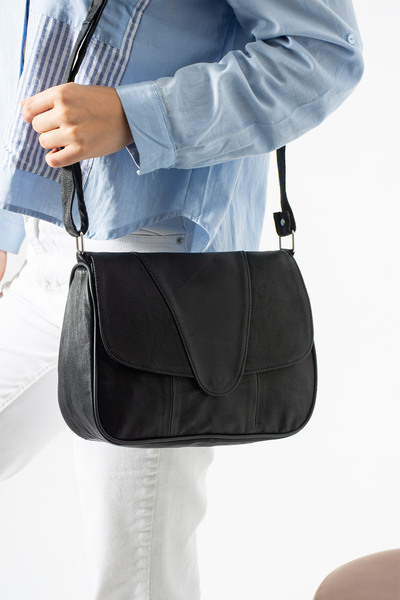 NahitaTyana Γυναικεία τσάντα ώμου και χιαστί από γνήσιο δέρμα μαύρο