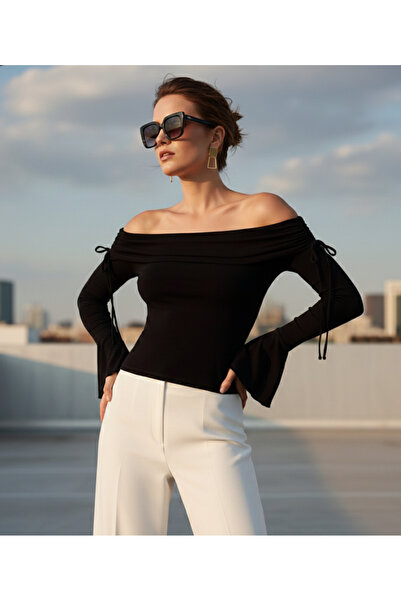 Linich&Co Black Carmen Collar Tie Detail Spanish Sleeve Knitted Stylish Blouse