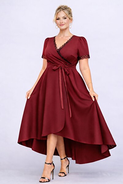 MAG FASHİON Plus Size Evening Dress, Ruffled Collar, Asymmetrical Cut, Short ...