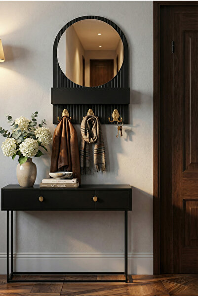 ŞekerHome Dekoratif Aynalı ve Raflı Ahşap Askılık