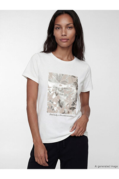 LC Waikiki Γυναικείο μπλουζάκι LCW EVERYDAY σε εκρού χρώμα με στάμπα και λαιμ...