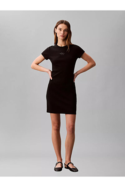 Calvin Klein Kadın Kısa Kol Düz Bisiklet Yaka Midi Boy Siyah Elbise LV047F241...