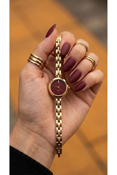 KLISHE Butik Kadın Çelik Saat Gold Renk Bordo Kadranlı | Vintage Lüks Minimal...