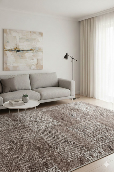 Babil Home Salon Halısı 6009 Kahve Kaymaz Taban Yıkanabilir Leke Tutmaz Özel Ölçü Dekoratif