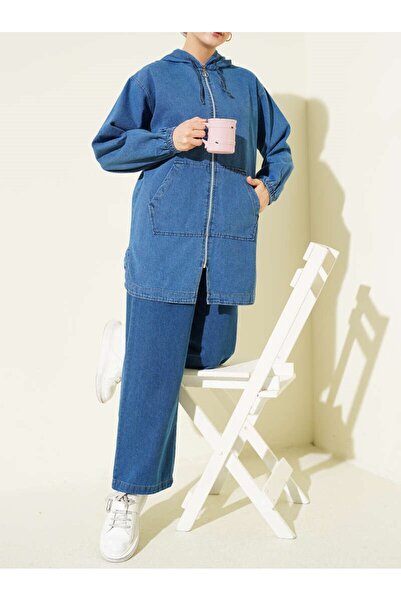 Burcia Hooded Double Pocket Zippered Denim Two-Piece Set