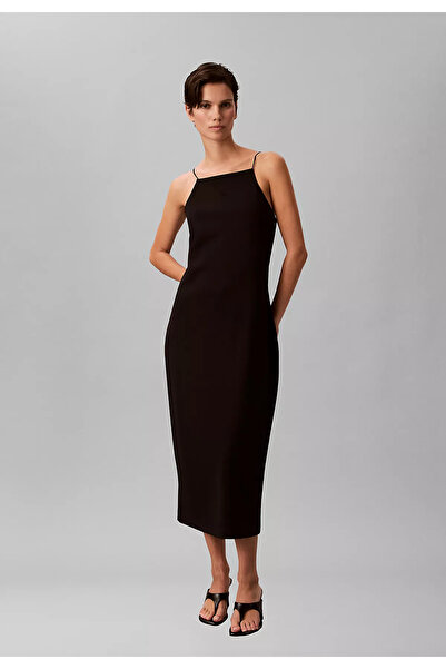 Calvin Klein Women's Slim Fit Narrow Strap Cotton Plain Woven Fabric Black Dr...