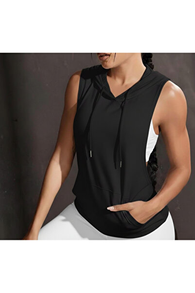 CDA Black Hooded Sports Women's Tank Top with Pockets - Casual and Fitness Use