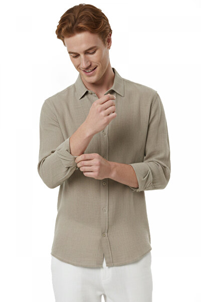 DeepSEA Khaki Comfortable Fit 100% Linen Men's Shirt – Fine Textured Summer N...