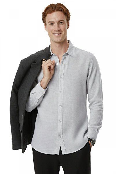 DeepSEA Gray Comfortable Fit 100% Linen Men's Shirt – Fine Textured Summer Ne...