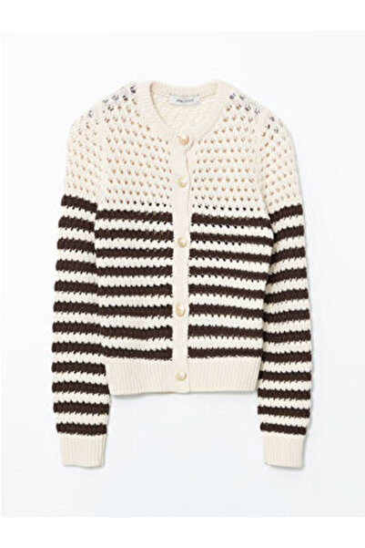 LC Waikiki Brown Crew Neck Openwork Women's Knitwear Cardigan