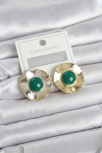 Ebijuteri Vintage Model Green Gold Color Brass Women's Earrings