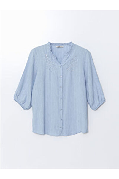 LC Waikiki Modanova Sezon Blue Collar Flowered Linen Mixed Women's Blouse