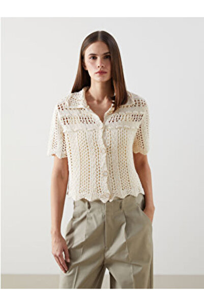 LC Waikiki سترة تريكو نسائية من Ecru Shirt Collar حياكة دانتيل