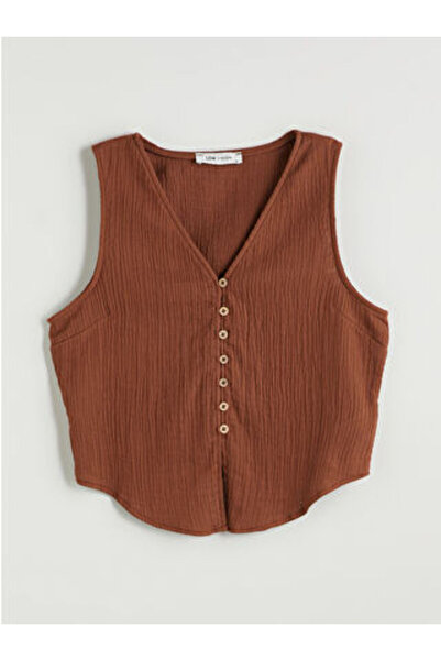 LC Waikiki Bluză maro din muselină texturată cu decolteu în V