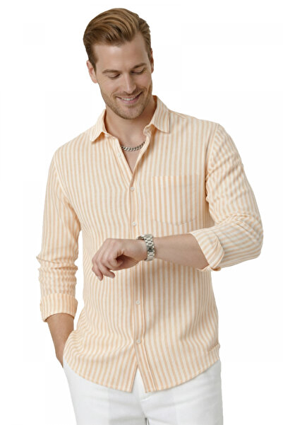 DeepSEA Yellow Slim Fit 100% Cotton Striped Men's Shirt – New Season Summer S...